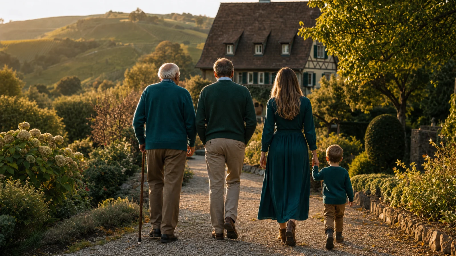 Drei Generationen einer Familie gehen gemeinsam auf ihr Familienhaus in der Ortenau zu