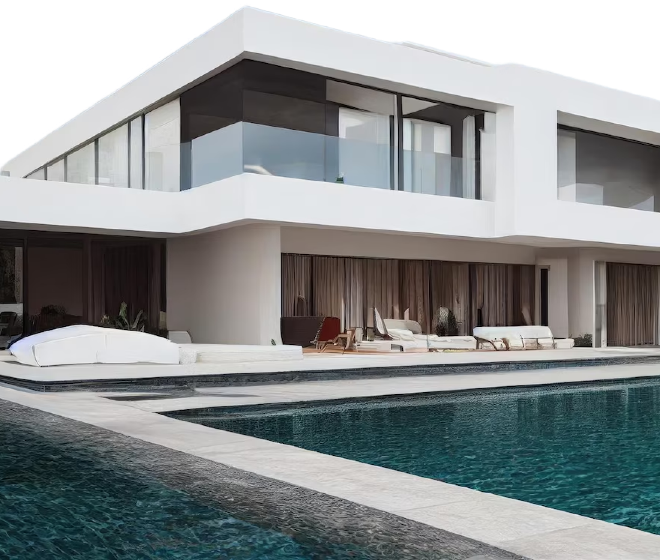 Vergin-Immobilien- Ein modernes Haus mit Swimmingpool und Liegestühlen.