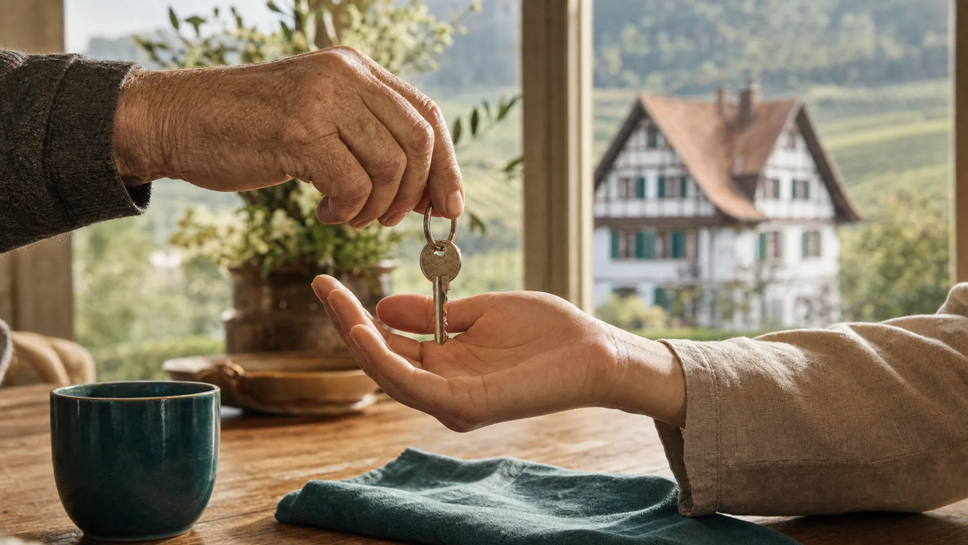 Eltern übergeben den Hausschlüssel an die nächste Generation, im Hintergrund ein Fachwerkhaus in der Ortenau